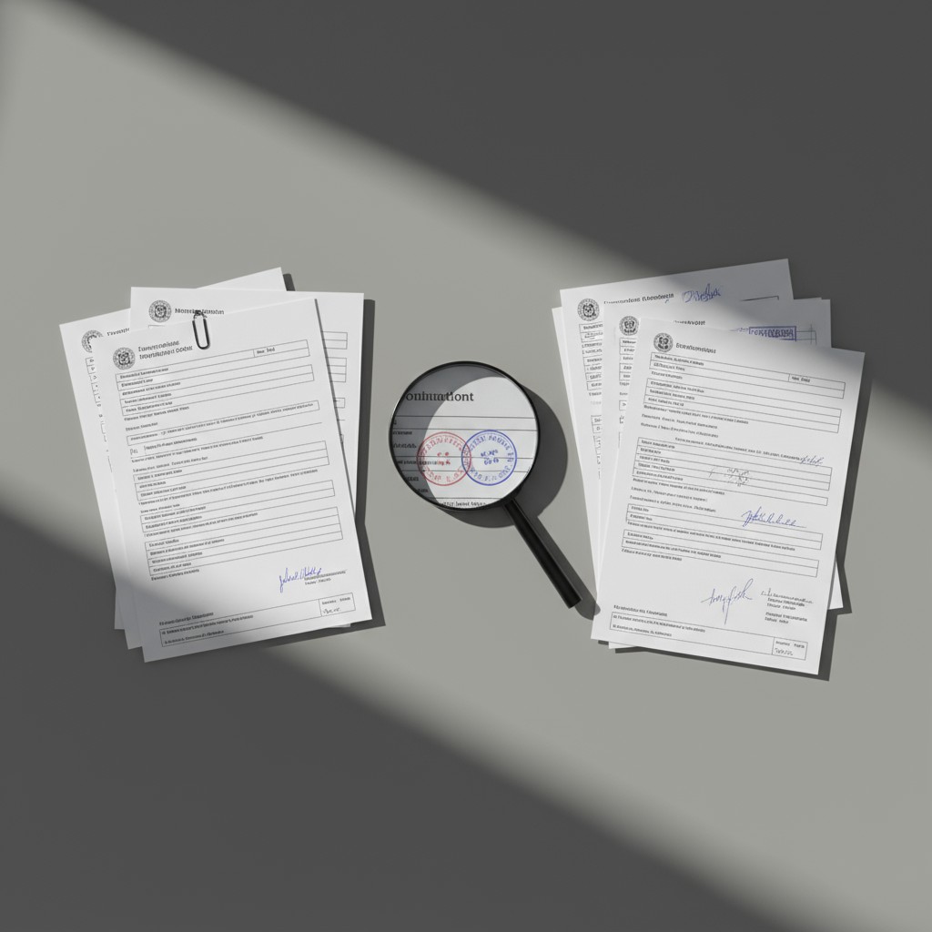 Documents with signatures are placed on a gray background, and a magnifying glass rests nearby.