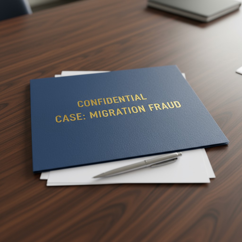 El caso de inmigración falsa: papel y lápiz de mierda o pluma sobre una carpeta de color azul oscuro con leyendas en oro, ...